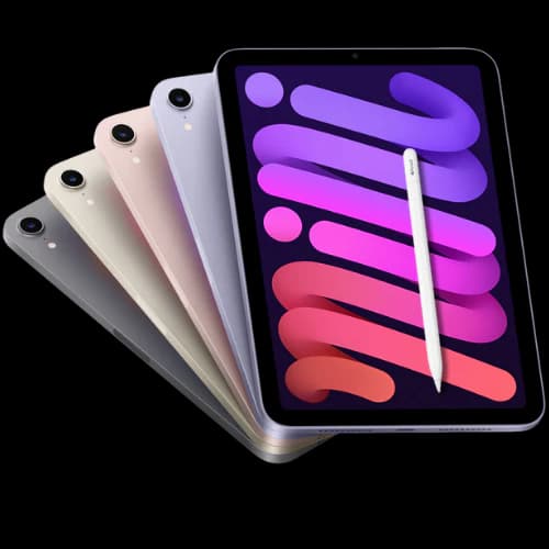 iPad mini in four colours fanned out with an Apple Pencil