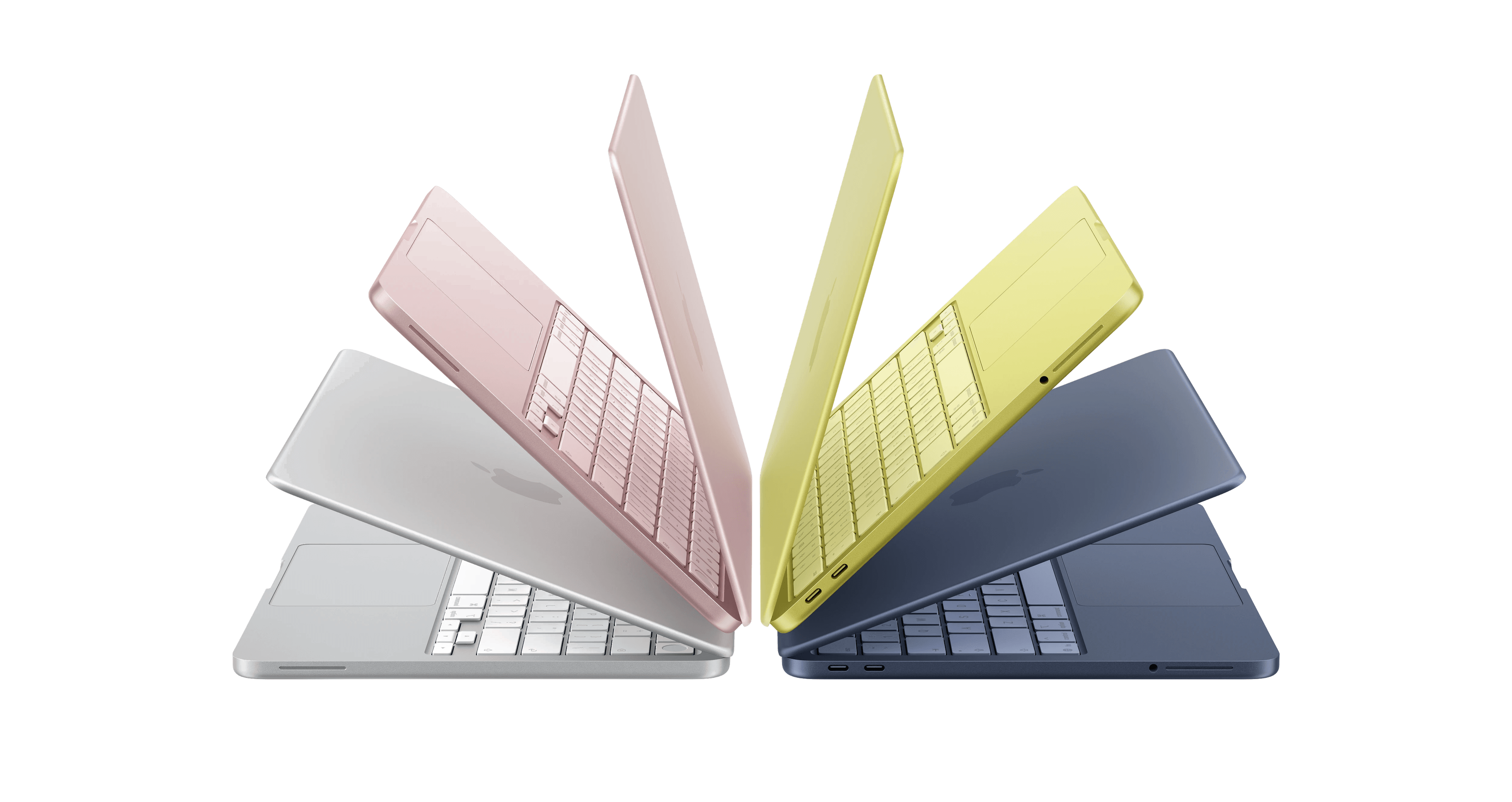 MacBook Neo in silver, pink, yellow and midnight blue